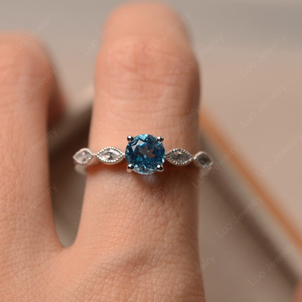 Swiss Blue Topaz Ring Round Cut Ring Art Deco - LUO Jewelry