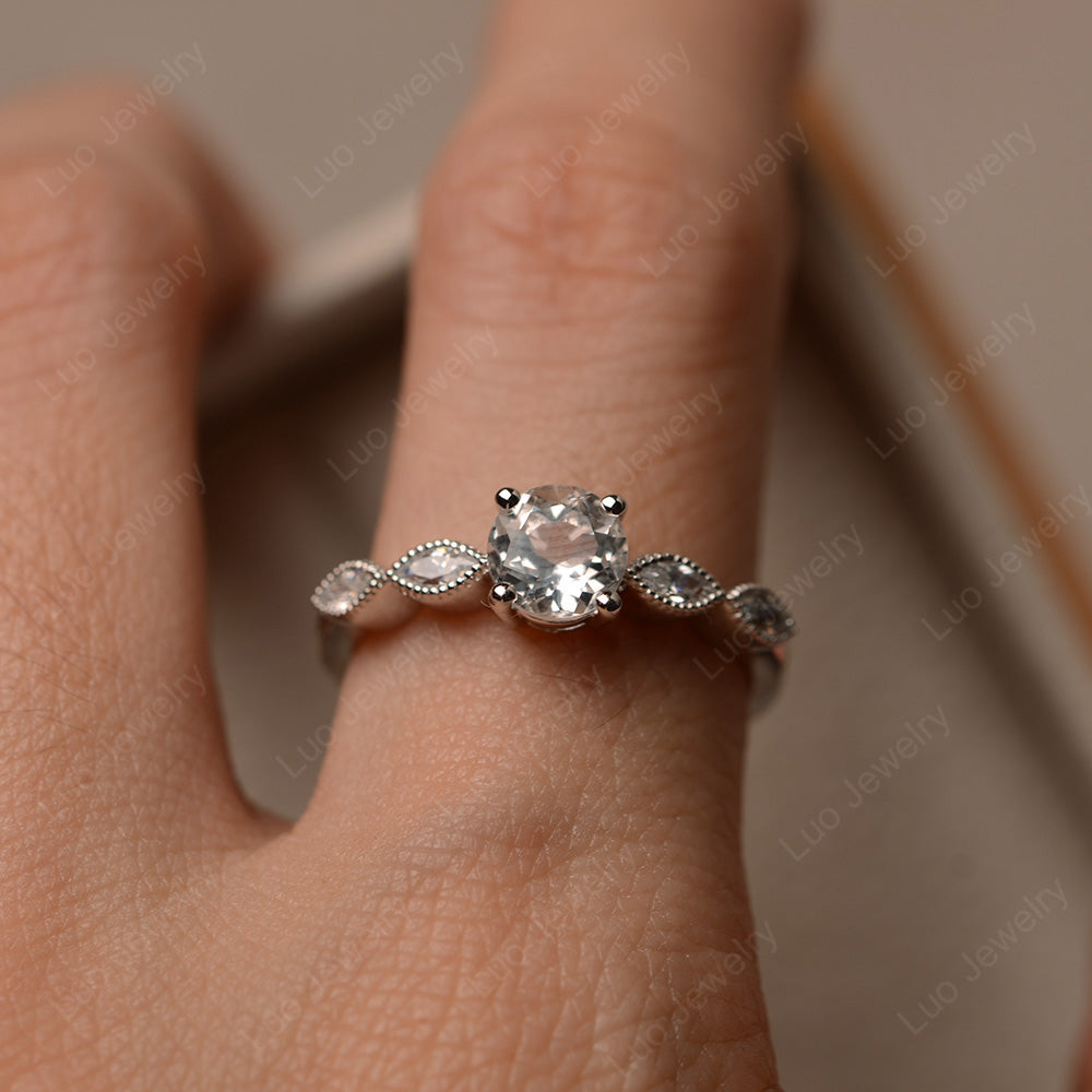 White Topaz Ring Round Cut Ring Art Deco - LUO Jewelry