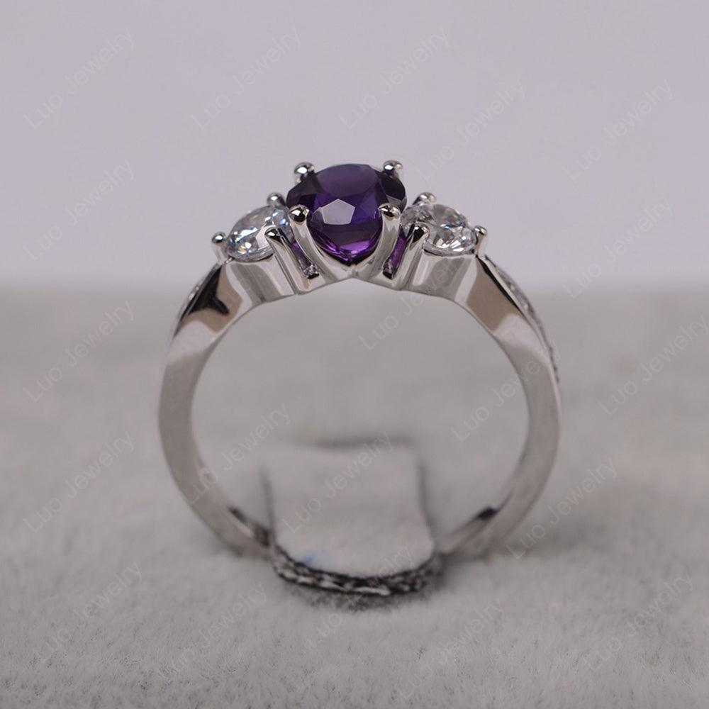 Amethyst Ring Three Stone Engagement Ring - LUO Jewelry