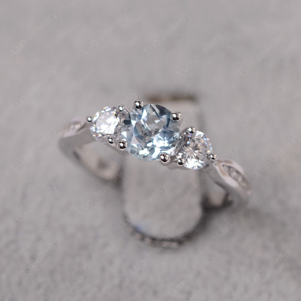 Aquamarine Ring Three Stone Engagement Ring - LUO Jewelry