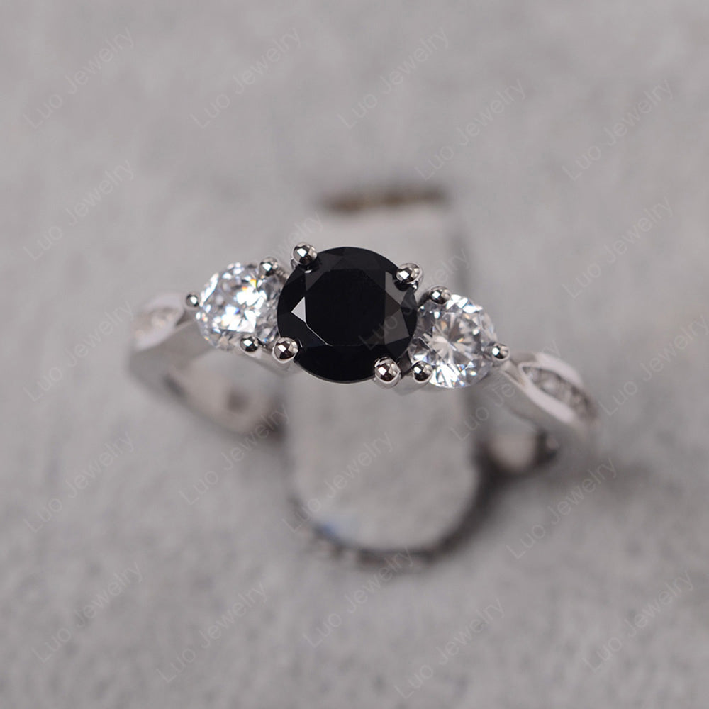 Black Stone Ring Three Stone Engagement Ring - LUO Jewelry