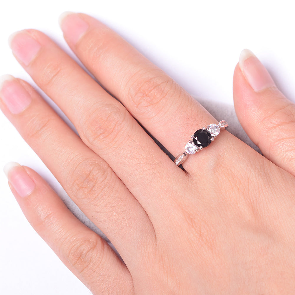 Black Stone Ring Three Stone Engagement Ring - LUO Jewelry