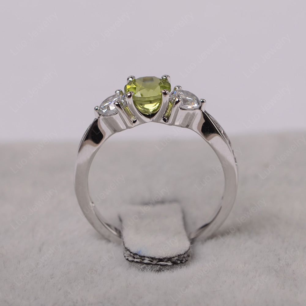 Peridot Ring Three Stone Engagement Ring - LUO Jewelry