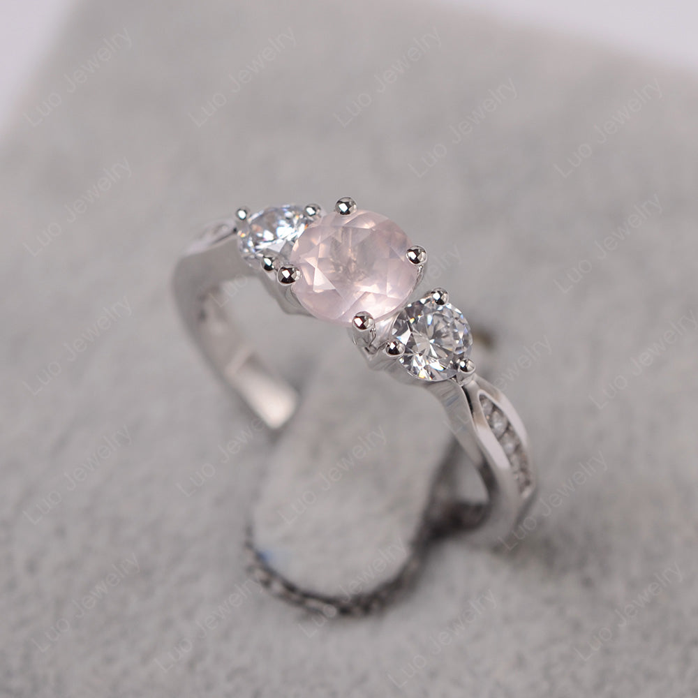 Rose Quartz Ring Three Stone Engagement Ring - LUO Jewelry