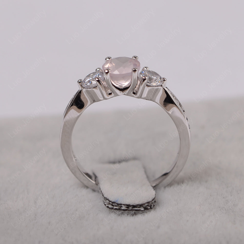Rose Quartz Ring Three Stone Engagement Ring - LUO Jewelry