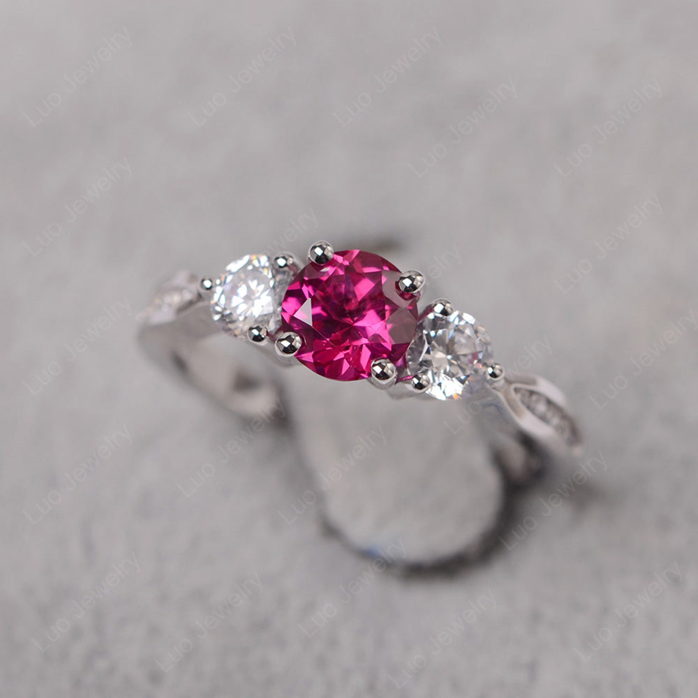 Ruby Ring Three Stone Engagement Ring - LUO Jewelry