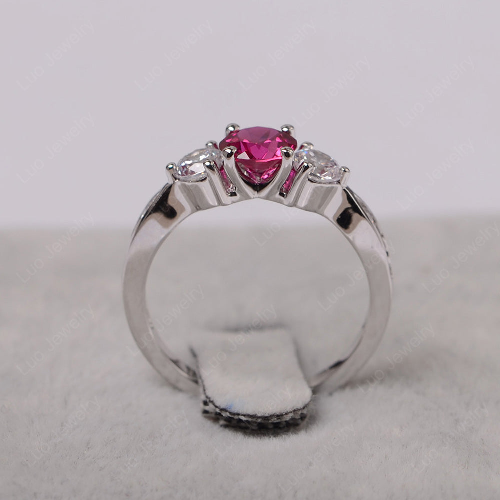 Ruby Ring Three Stone Engagement Ring - LUO Jewelry