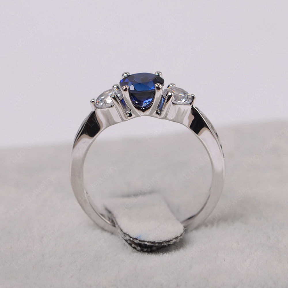 Lab Sapphire Ring Three Stone Engagement Ring - LUO Jewelry