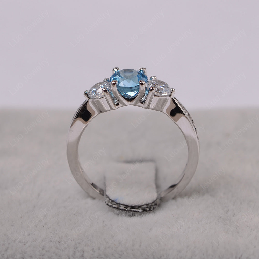 Swiss Blue Topaz Ring Three Stone Engagement Ring - LUO Jewelry