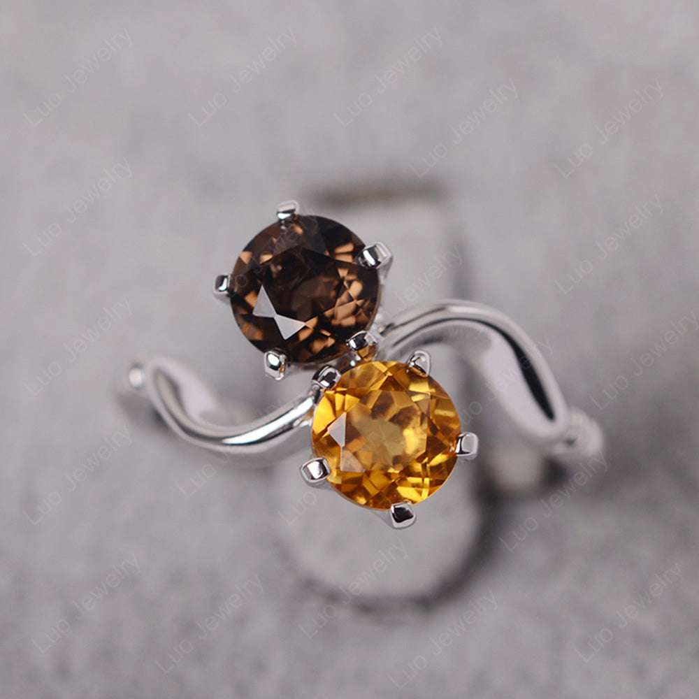 2 Stone Solitaire Citrine and Smoky Quartz Ring - LUO Jewelry