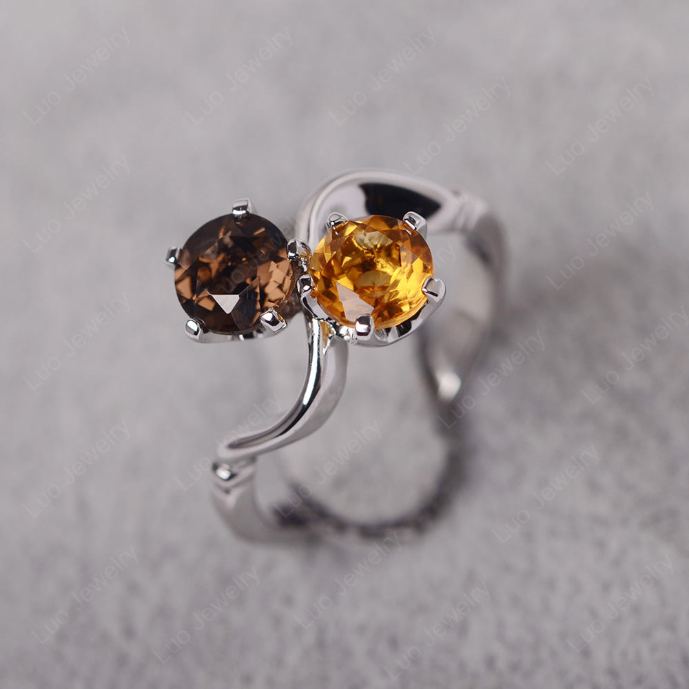 2 Stone Solitaire Citrine and Smoky Quartz Ring - LUO Jewelry