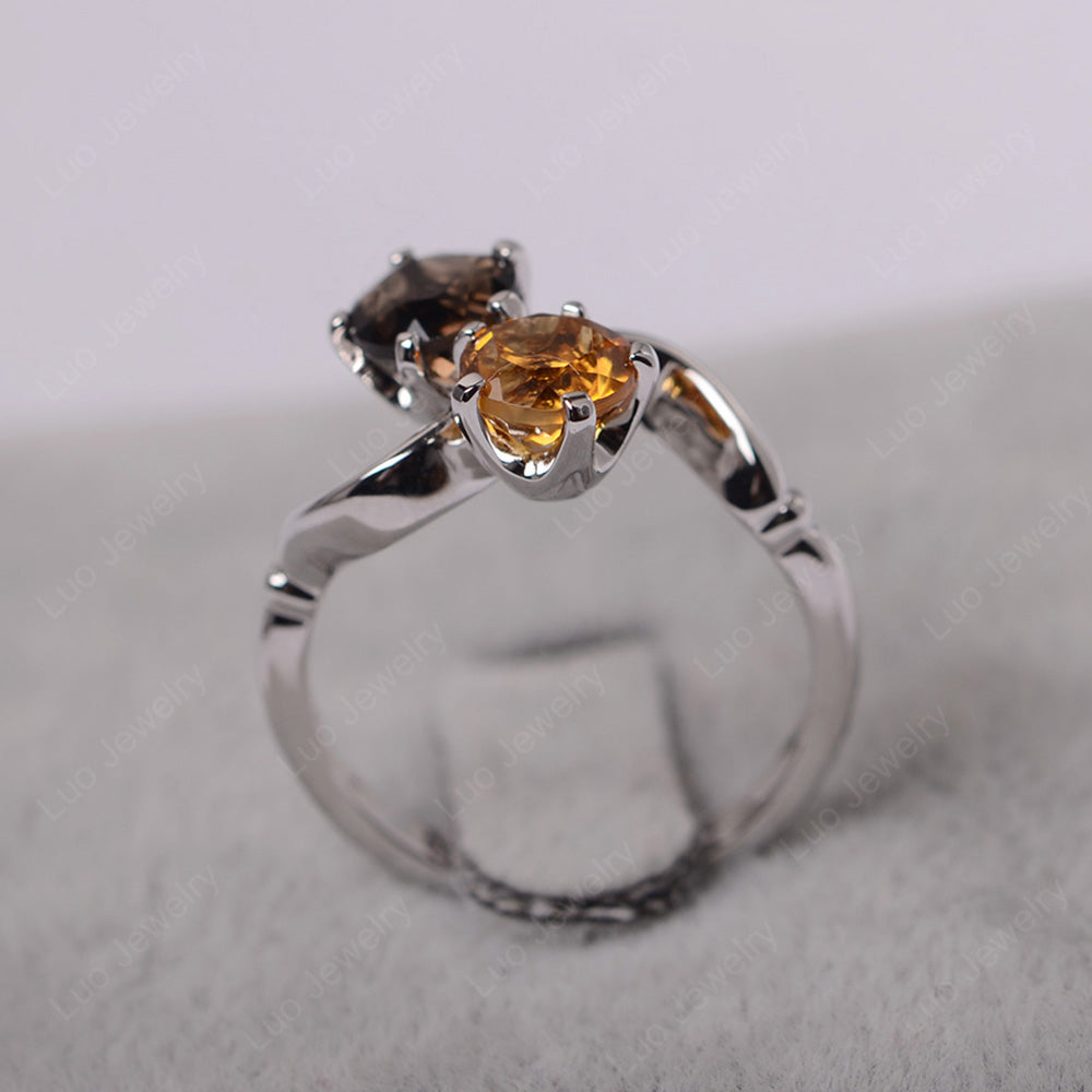 2 Stone Solitaire Citrine and Smoky Quartz Ring - LUO Jewelry