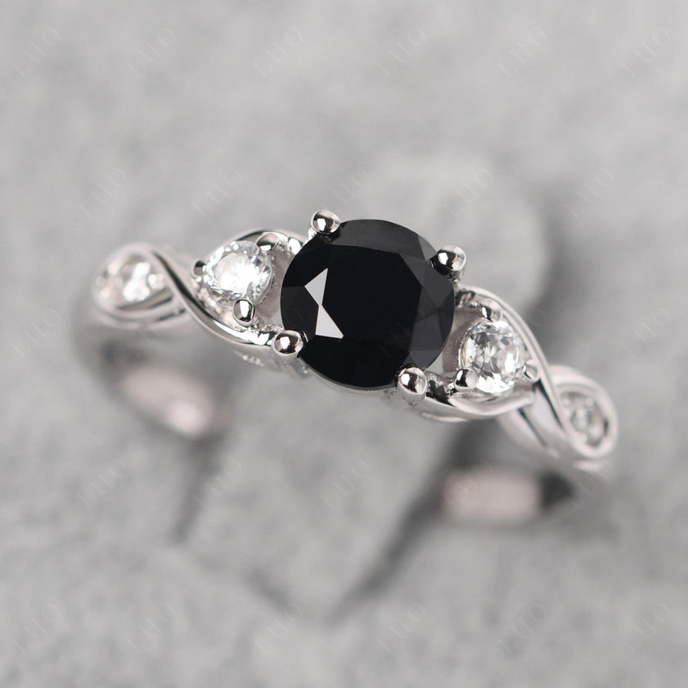 Round Black Stone Ring Wedding Ring White Gold - LUO Jewelry