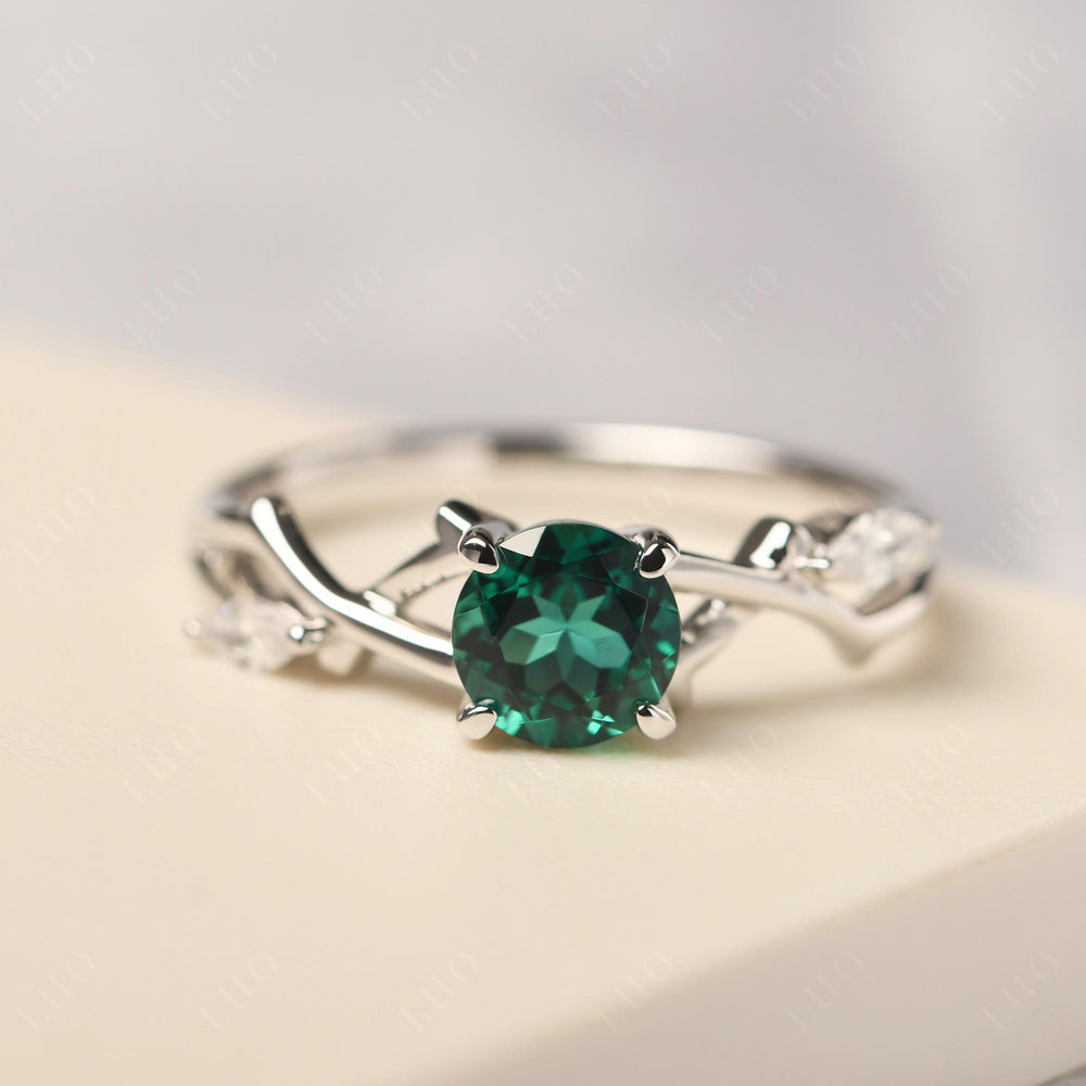 Twig Ring Lab Emerald Engagement Ring White Gold - LUO Jewelry