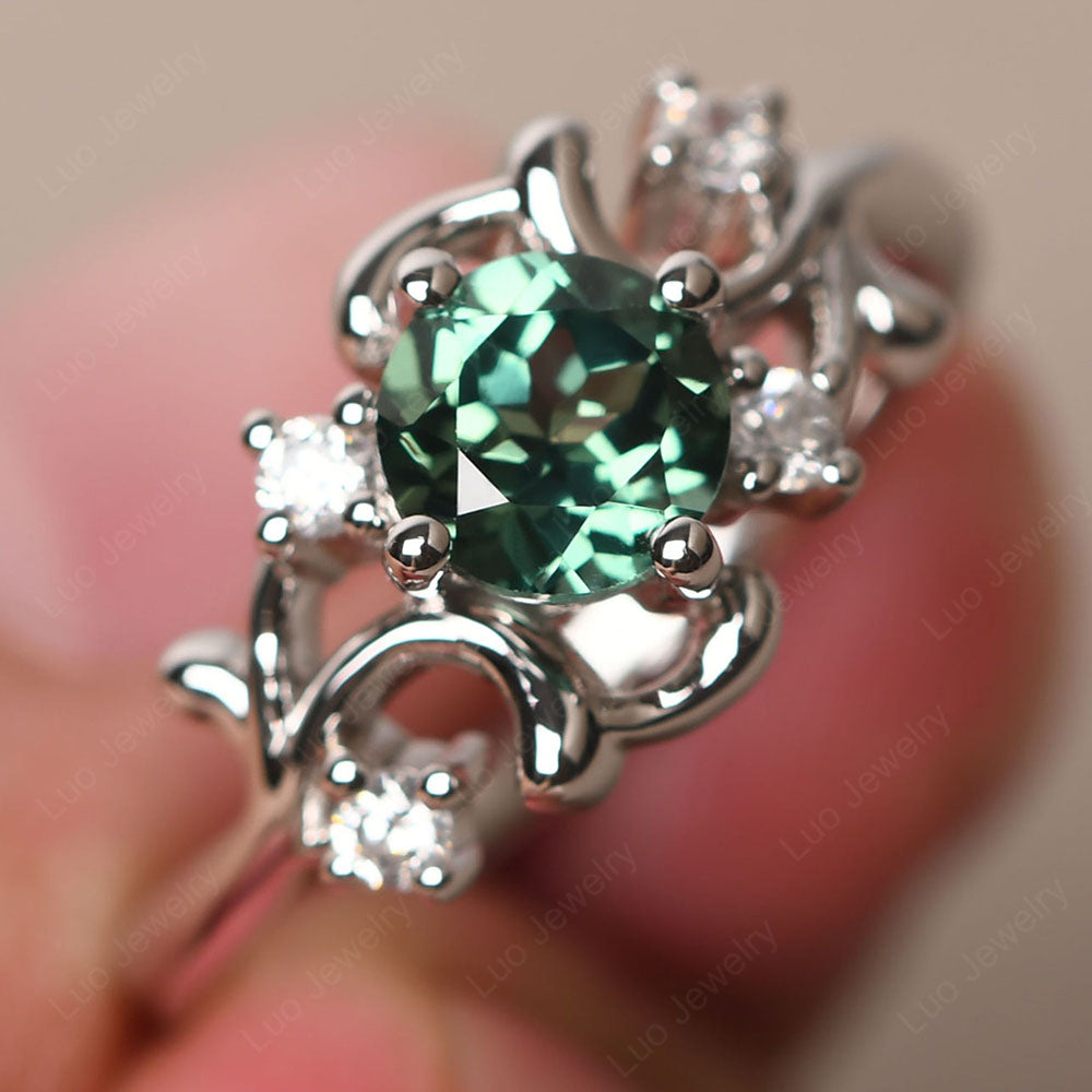 Green Sapphire Cluster Engagement Ring Silver - LUO Jewelry