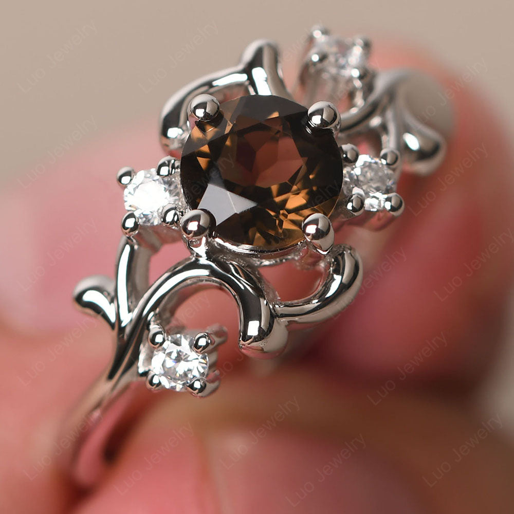 Smoky Quartz  Cluster Engagement Ring Silver - LUO Jewelry