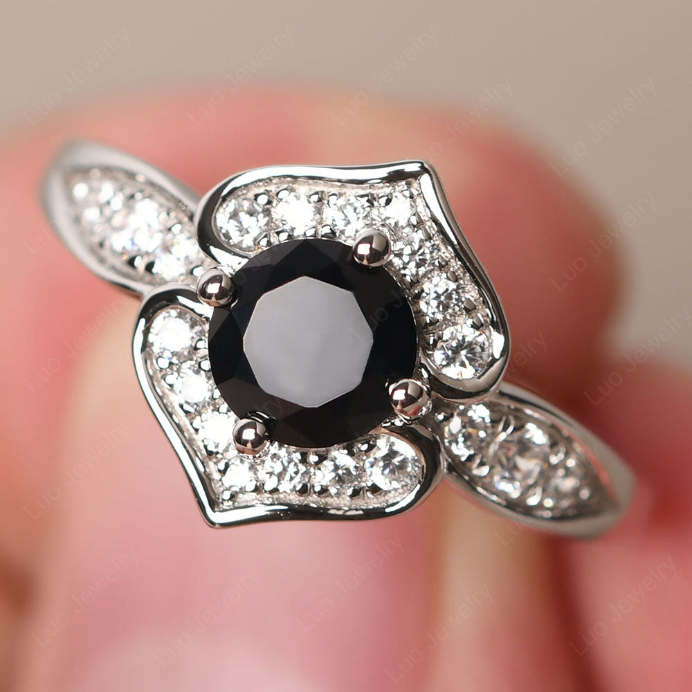 Round Cut Black Spinel Dainty Engagement Ring - LUO Jewelry