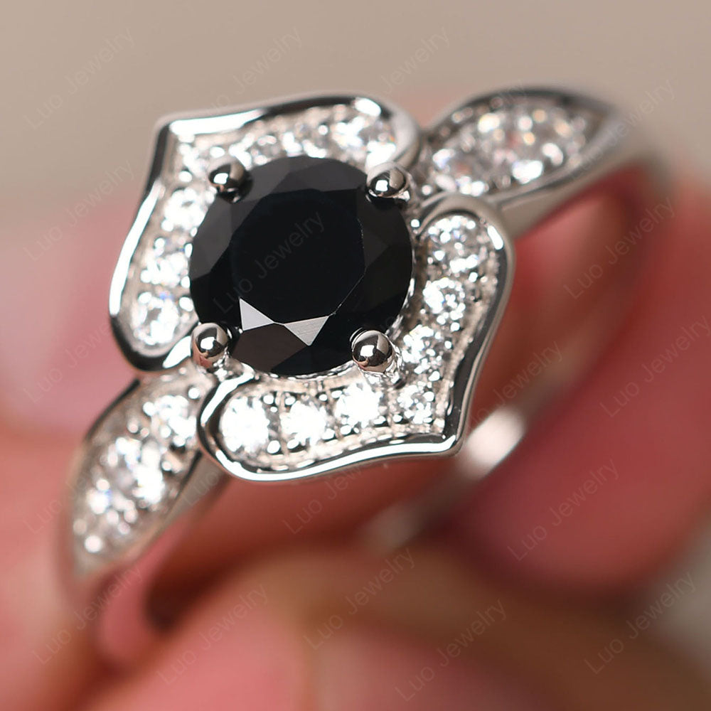 Round Cut Black Spinel Dainty Engagement Ring - LUO Jewelry