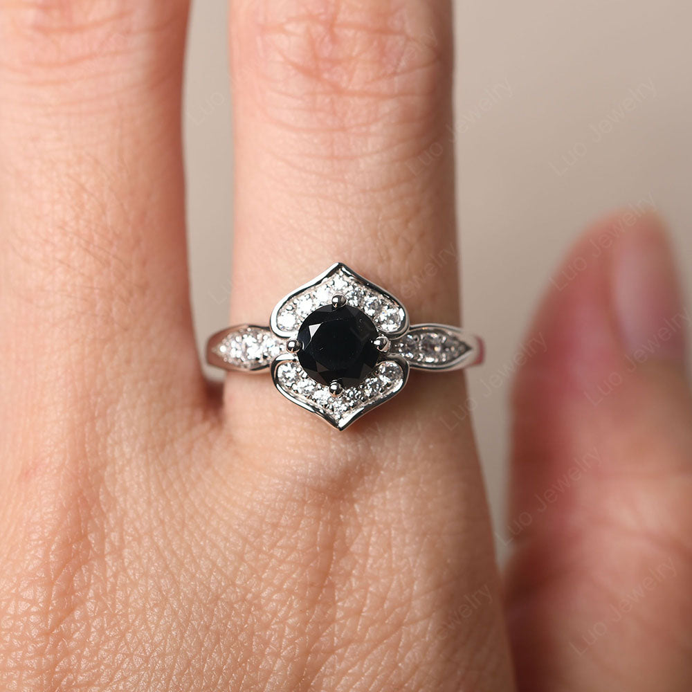 Round Cut Black Spinel Dainty Engagement Ring - LUO Jewelry