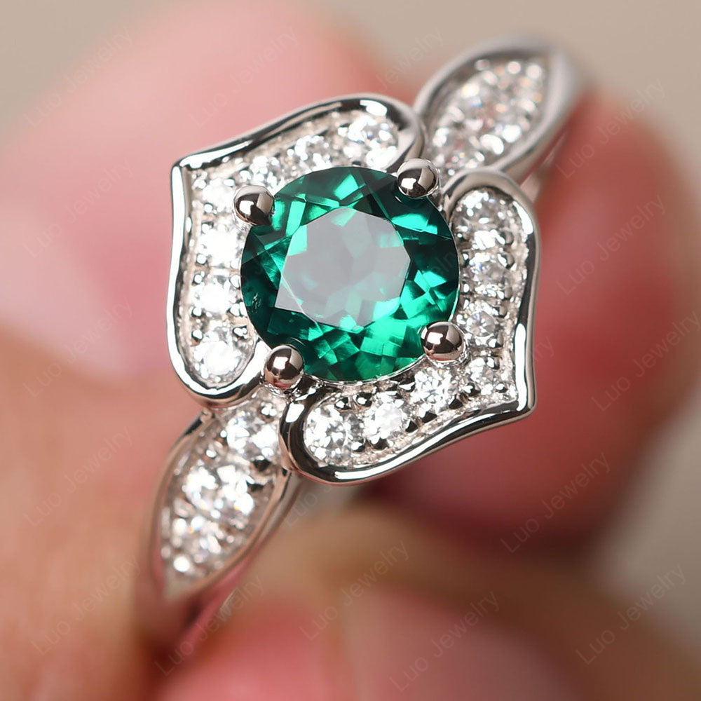 Round Cut Emerald Dainty Engagement Ring - LUO Jewelry