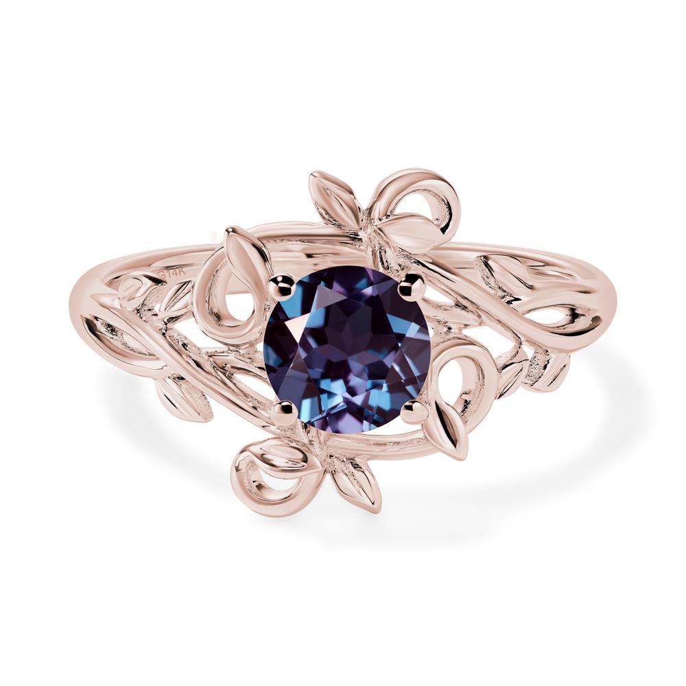 Round Cut Lab Alexandrite Leaf Ring - LUO Jewelry #metal_14k rose gold