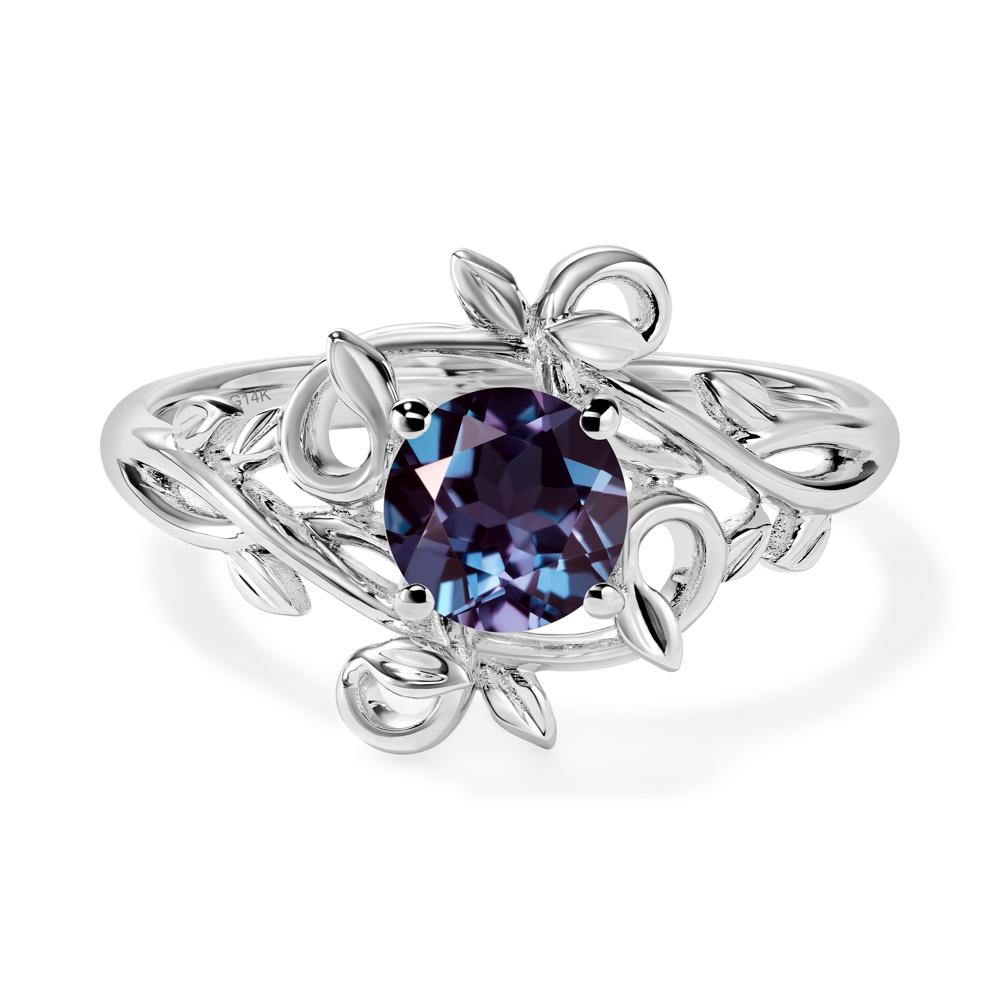 Round Cut Lab Alexandrite Leaf Ring - LUO Jewelry #metal_14k white gold