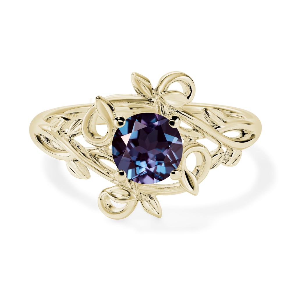 Round Cut Lab Alexandrite Leaf Ring - LUO Jewelry #metal_14k yellow gold