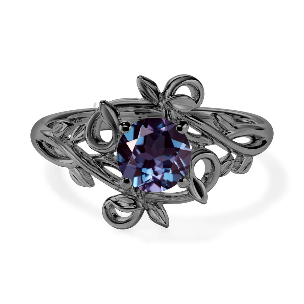 Round Cut Lab Alexandrite Leaf Ring - LUO Jewelry #metal_black finish sterling silver