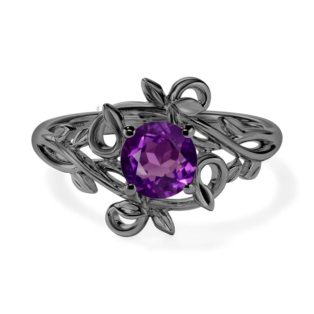 Round Cut Amethyst Leaf Ring - LUO Jewelry #metal_black finish sterling silver
