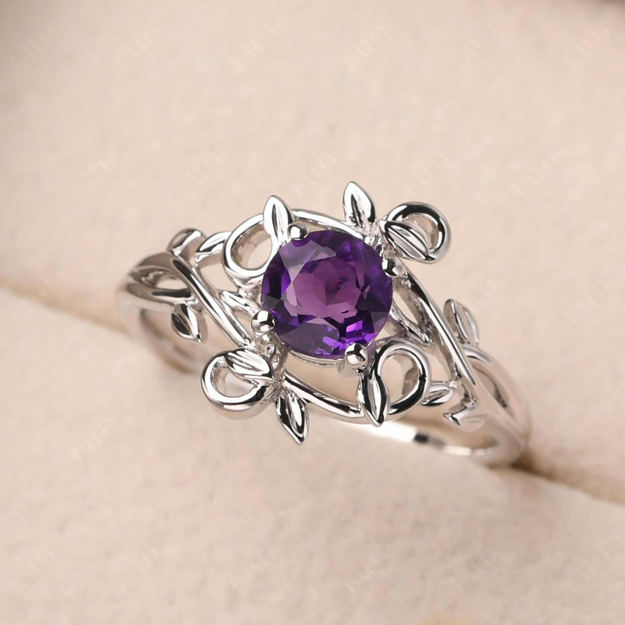 Round Cut Amethyst Leaf Ring - LUO Jewelry