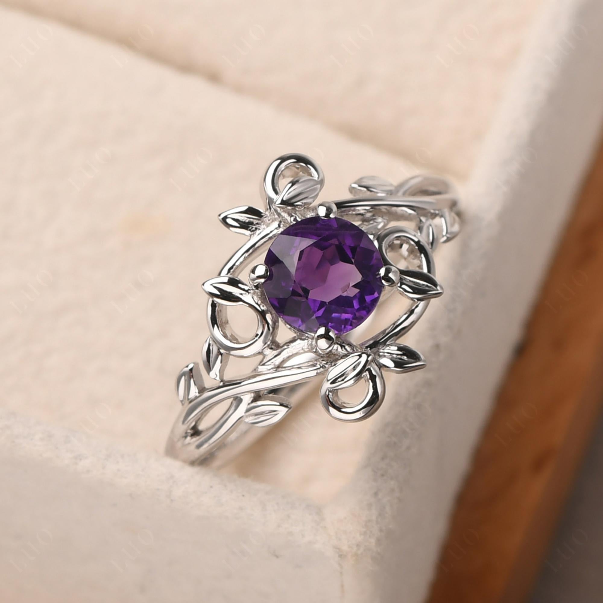 Round Cut Amethyst Leaf Ring - LUO Jewelry