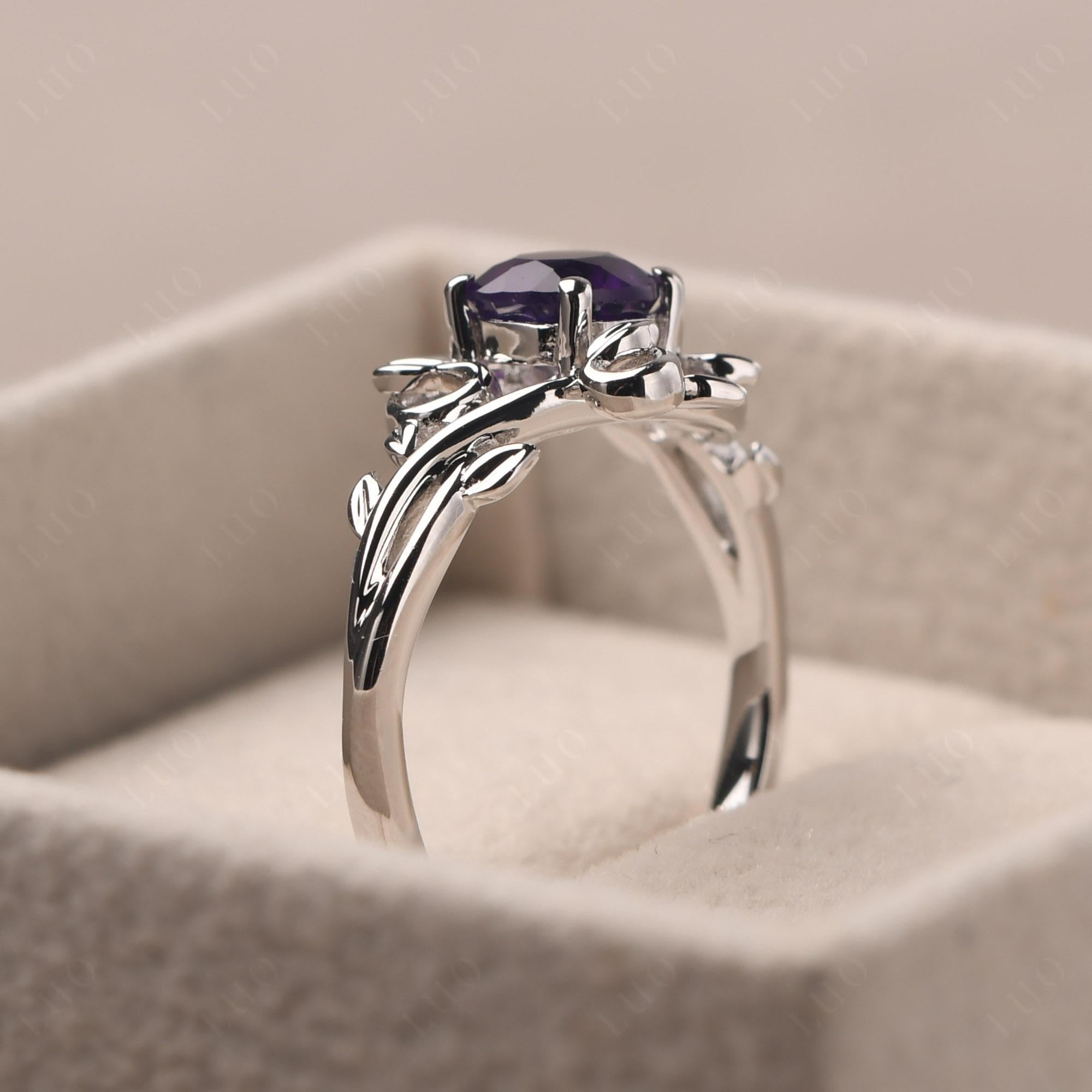 Round Cut Amethyst Leaf Ring - LUO Jewelry