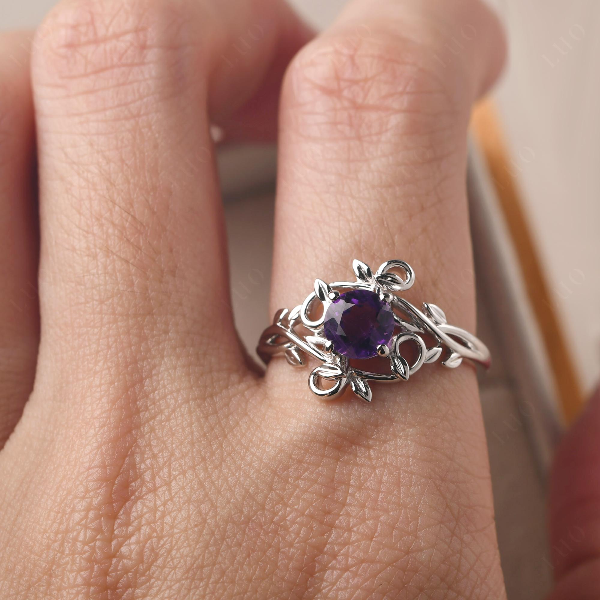 Round Cut Amethyst Leaf Ring - LUO Jewelry