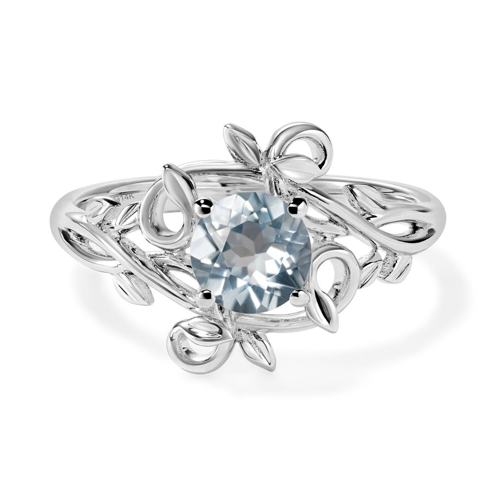 Round Cut Aquamarine Leaf Ring - LUO Jewelry #metal_14k white gold
