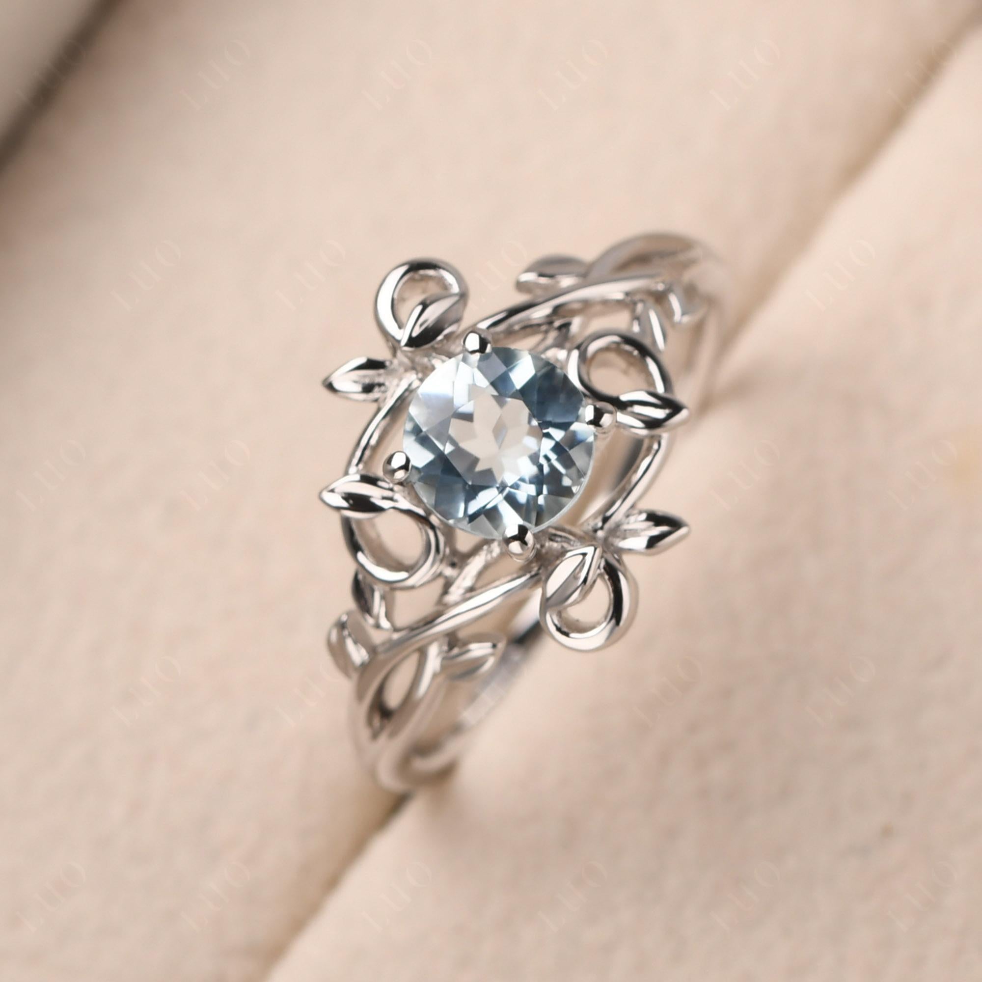 Round Cut Aquamarine Leaf Ring - LUO Jewelry