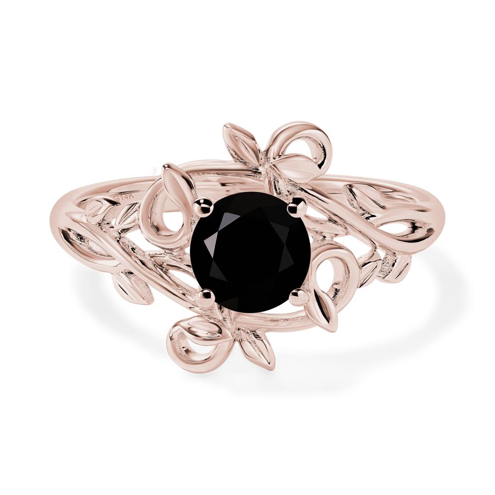 Round Cut Black Stone Leaf Ring - LUO Jewelry #metal_14k rose gold