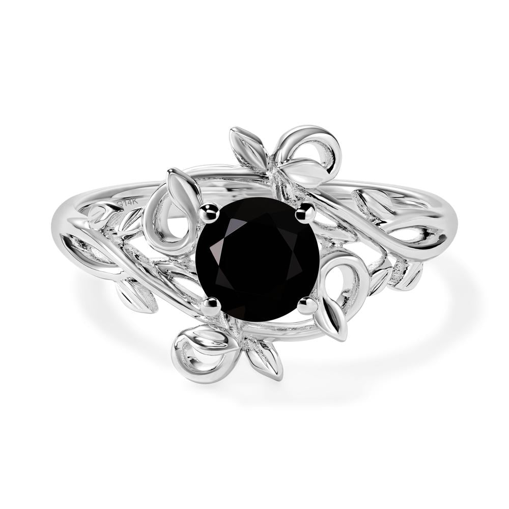 Round Cut Black Stone Leaf Ring - LUO Jewelry #metal_14k white gold