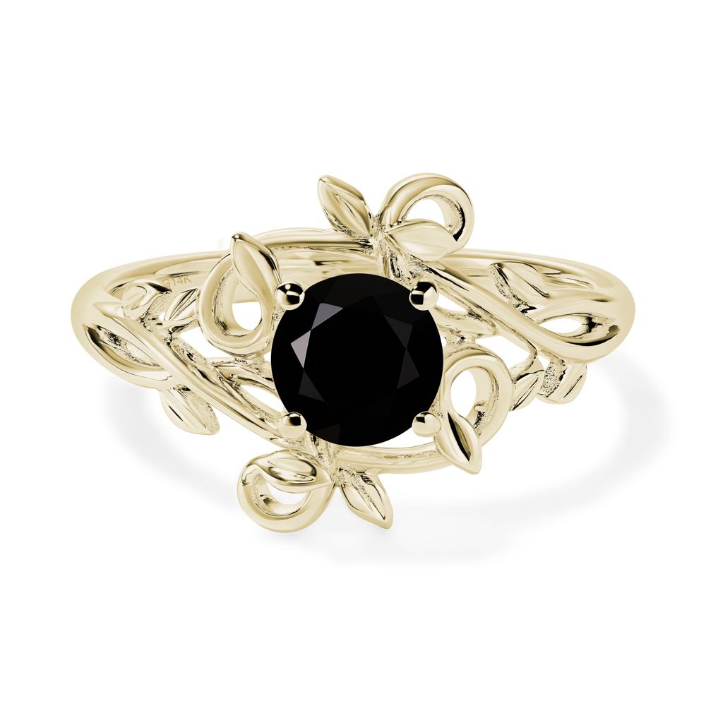 Round Cut Black Stone Leaf Ring - LUO Jewelry #metal_14k yellow gold