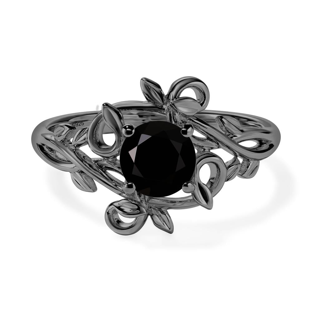 Round Cut Black Stone Leaf Ring - LUO Jewelry #metal_black finish sterling silver