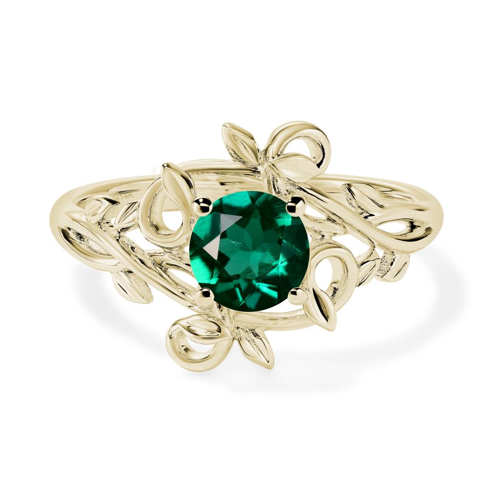 Round Cut Lab Grown Emerald Leaf Ring - LUO Jewelry #metal_14k yellow gold