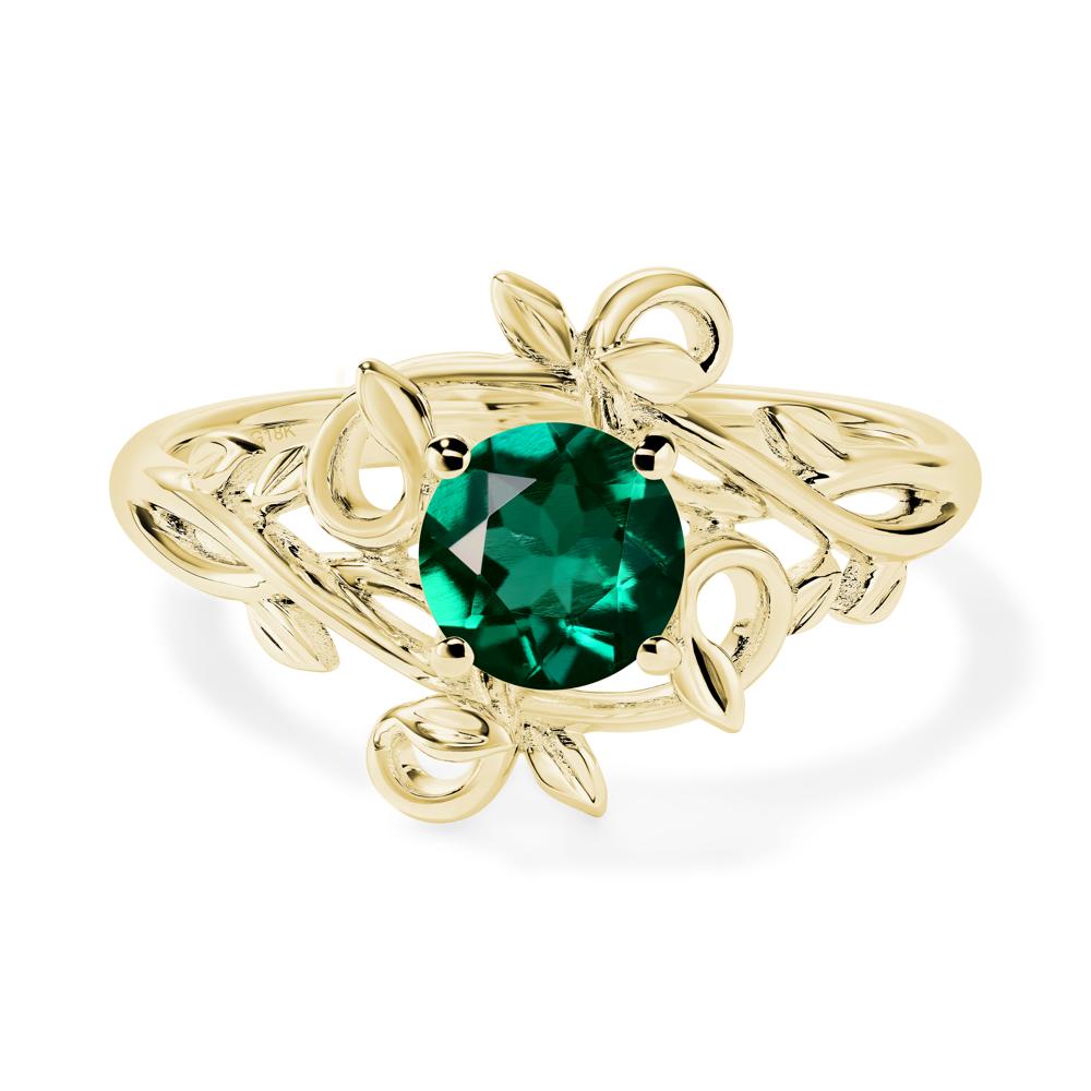 Round Cut Lab Grown Emerald Leaf Ring - LUO Jewelry #metal_18k yellow gold