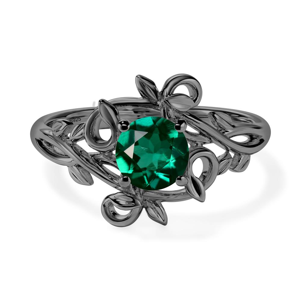 Round Cut Lab Grown Emerald Leaf Ring - LUO Jewelry #metal_black finish sterling silver