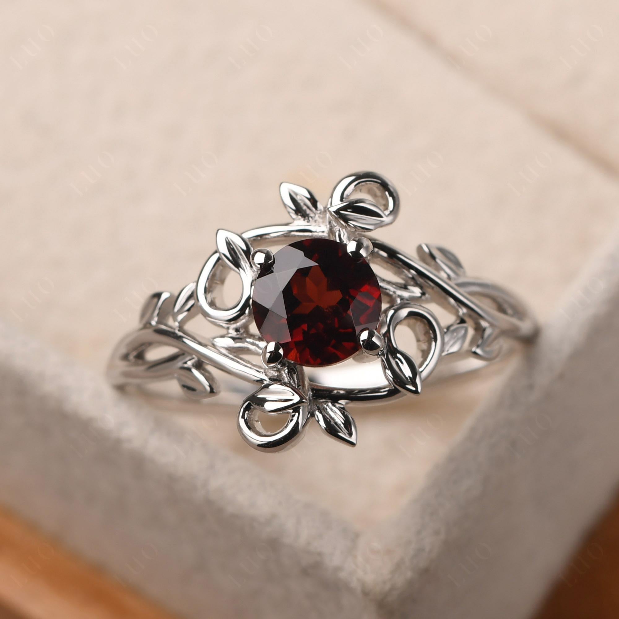 Round Cut Garnet Leaf Ring - LUO Jewelry