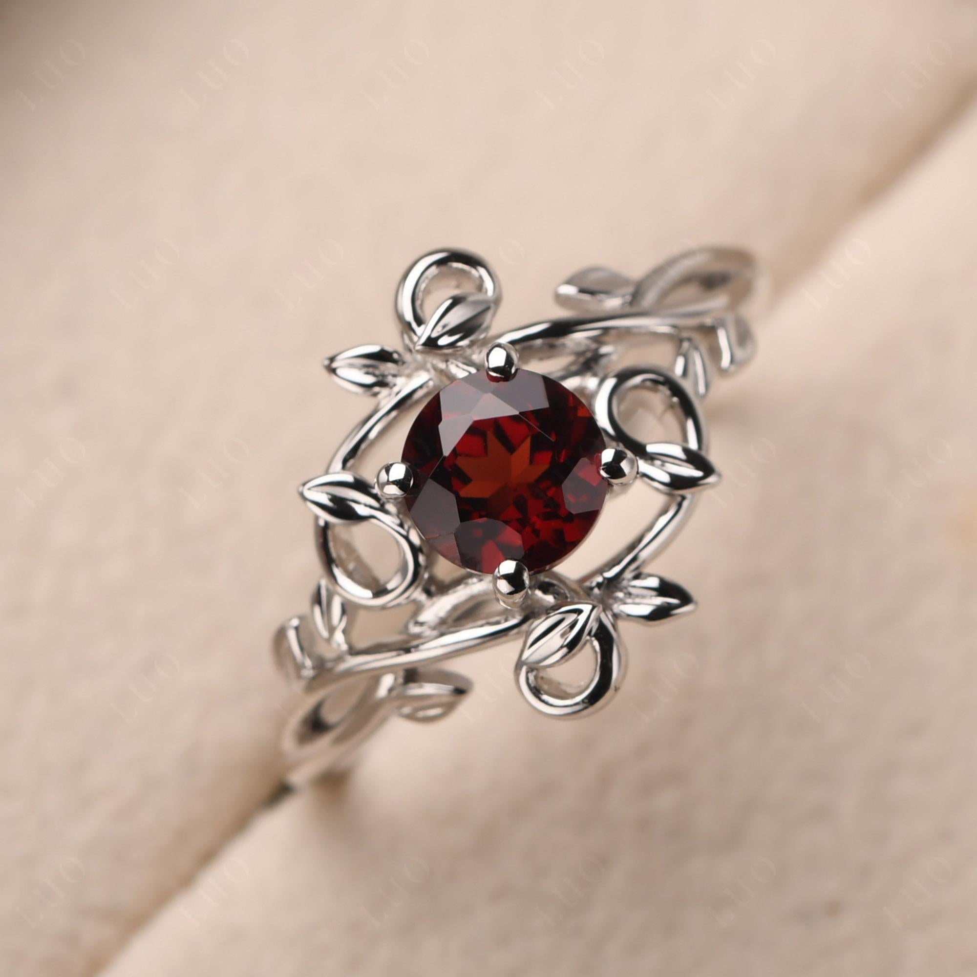 Round Cut Garnet Leaf Ring - LUO Jewelry