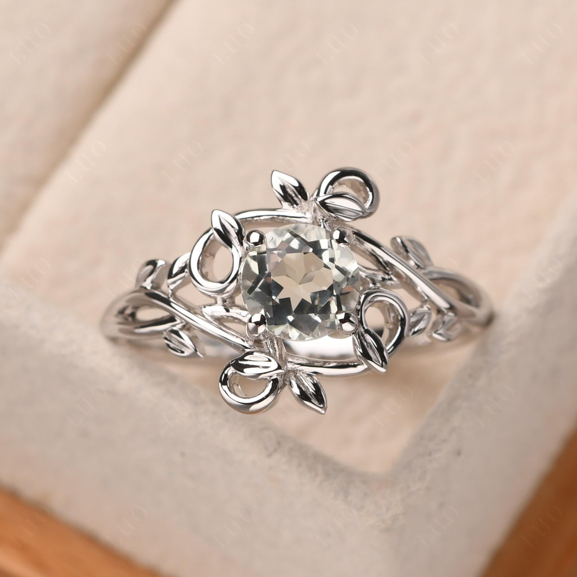 Round Cut Green Amethyst Leaf Ring - LUO Jewelry