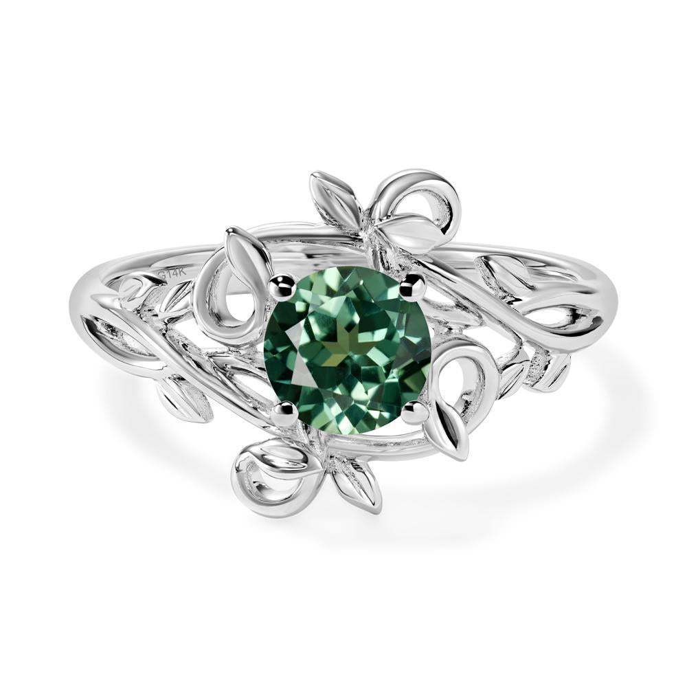 Round Cut Lab Green Sapphire Leaf Ring - LUO Jewelry #metal_14k white gold