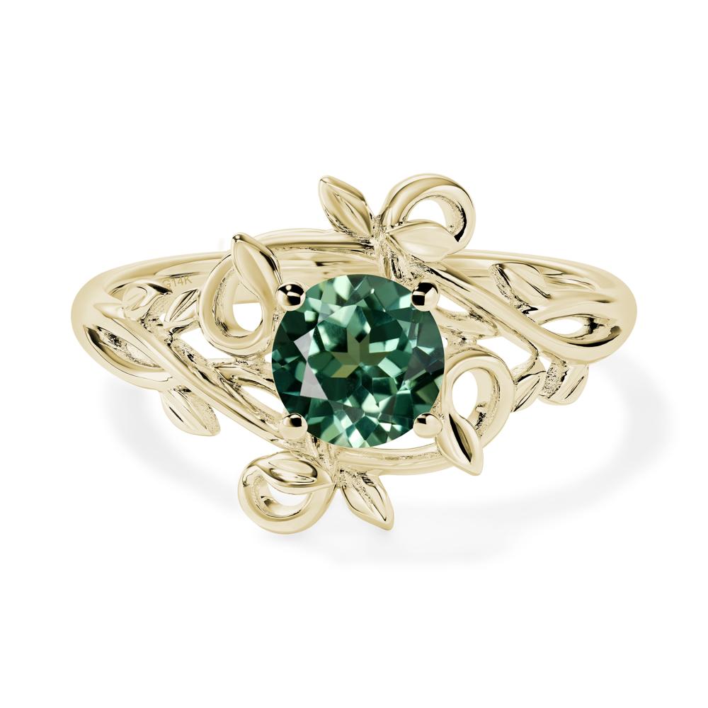 Round Cut Lab Green Sapphire Leaf Ring - LUO Jewelry #metal_14k yellow gold