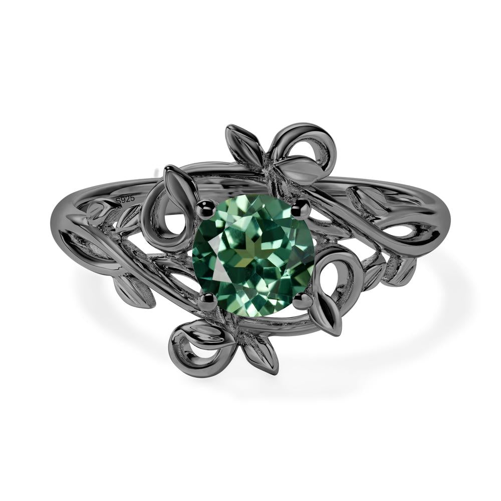 Round Cut Lab Green Sapphire Leaf Ring - LUO Jewelry #metal_black finish sterling silver
