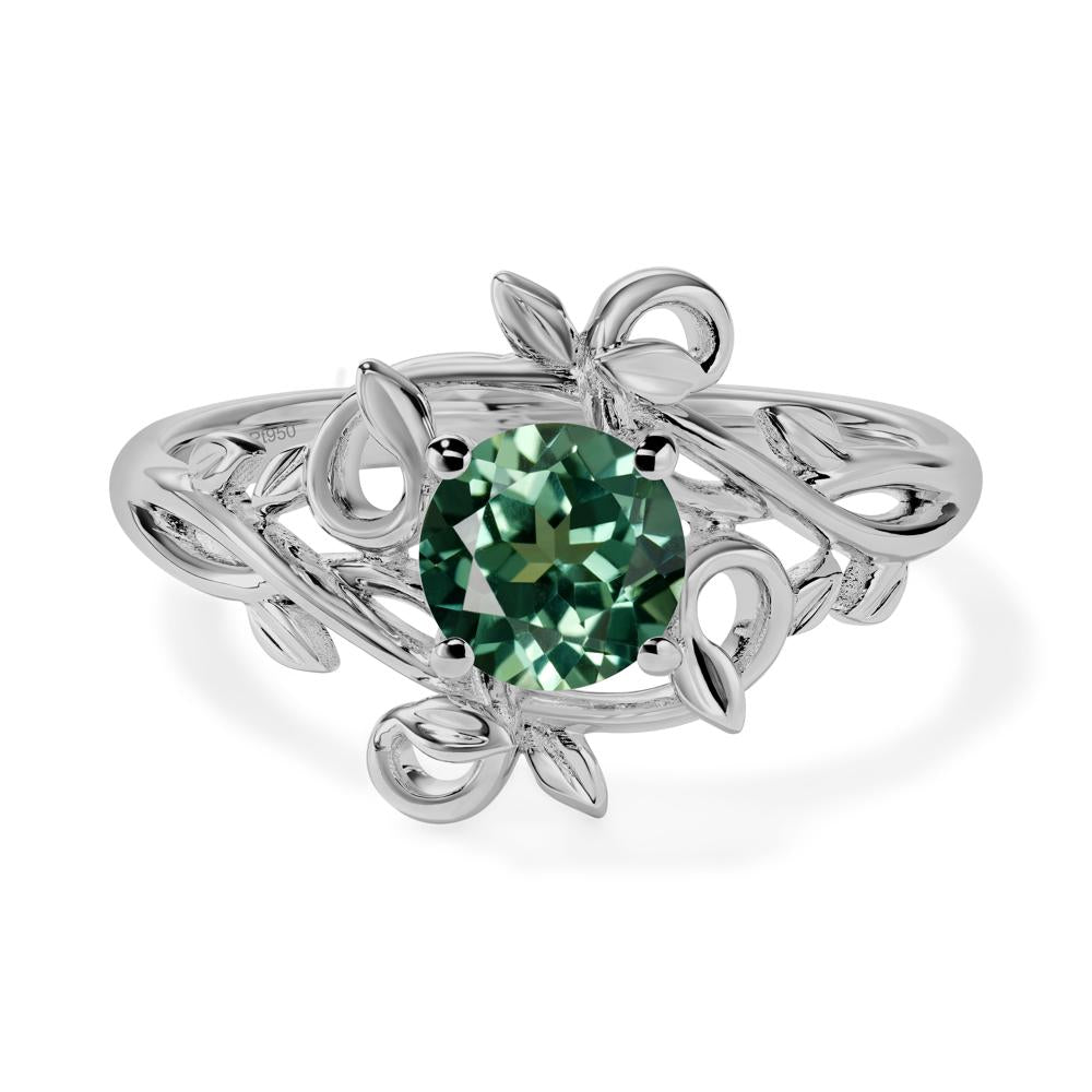 Round Cut Lab Green Sapphire Leaf Ring - LUO Jewelry #metal_platinum