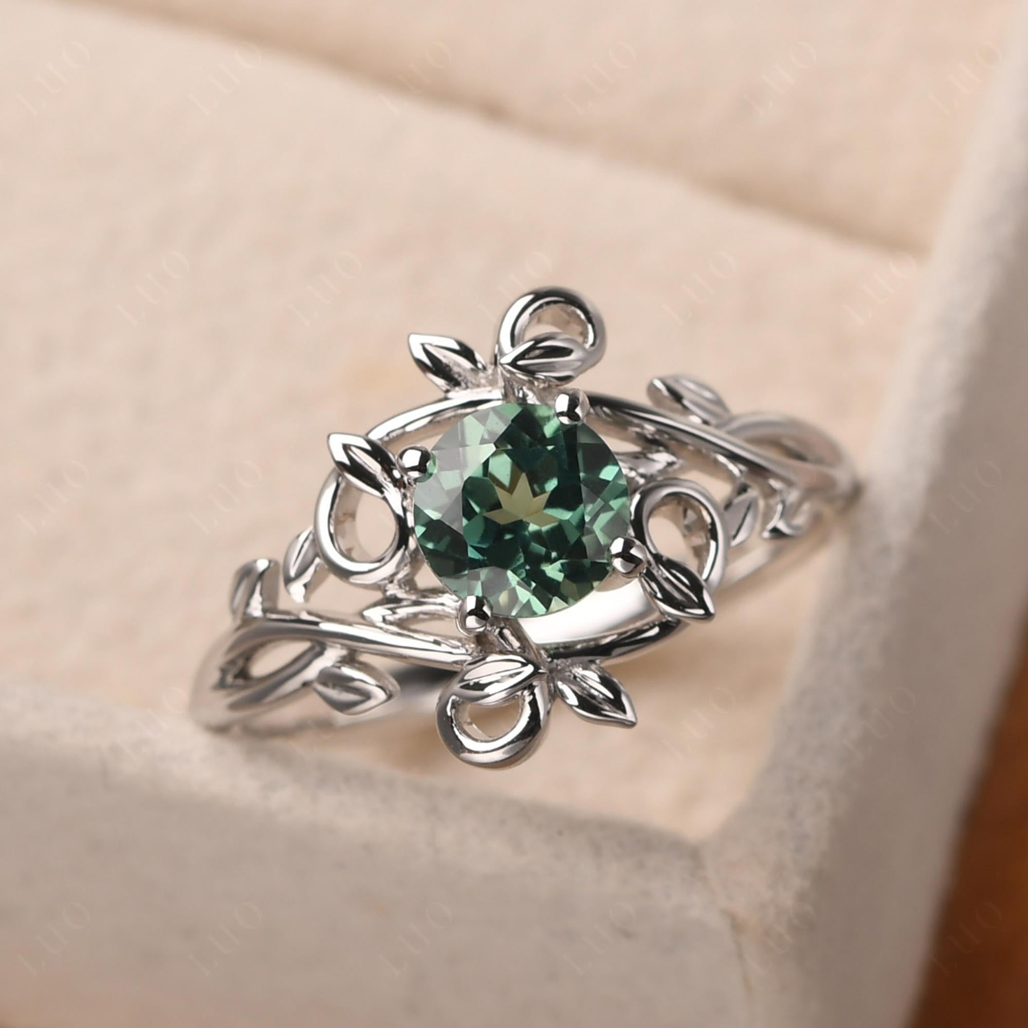 Round Cut Lab Green Sapphire Leaf Ring - LUO Jewelry